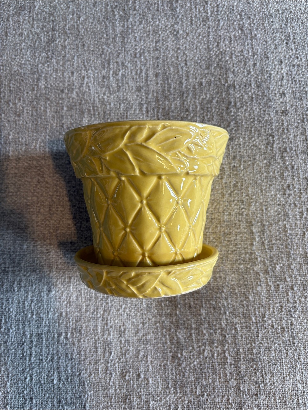 Vintage McCoy Pottery Yellow Flower Pot Planter with Saucer USA Embossed Floral